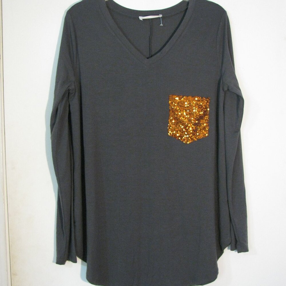 Zenana Tunic Top Small NWOT New Dark Gray Sequin Pocket
